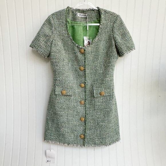 Self-Portrait Tweed Mini Dress Green Boucle Short Sleeve Button Front 10 NWT - Picture 4 of 12